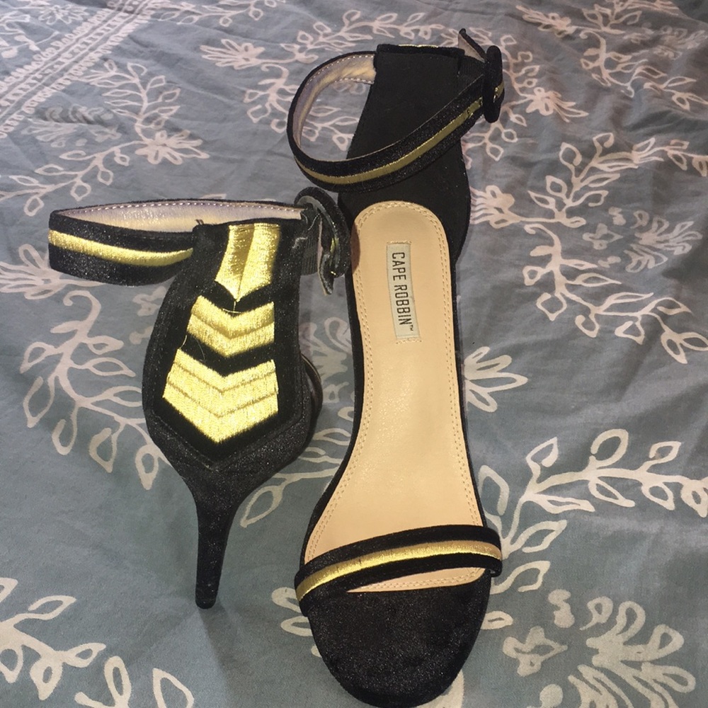 Black and gold velvet military style sandals
